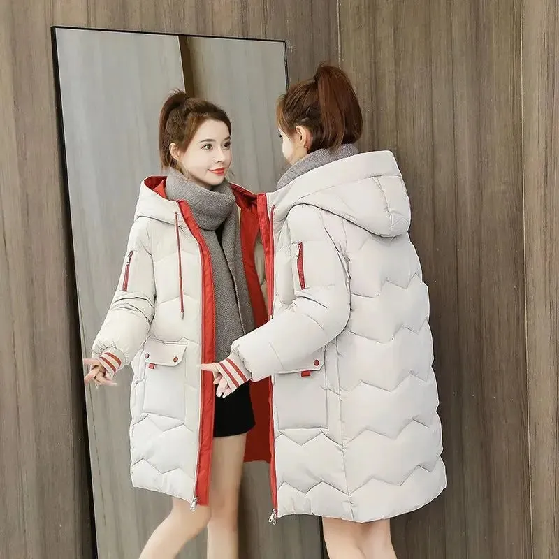 2024 Winter Women's Down Cotton Hooded Coat Jacket Long Coat Thick Warm Jacket Windproof Casual Student Coat