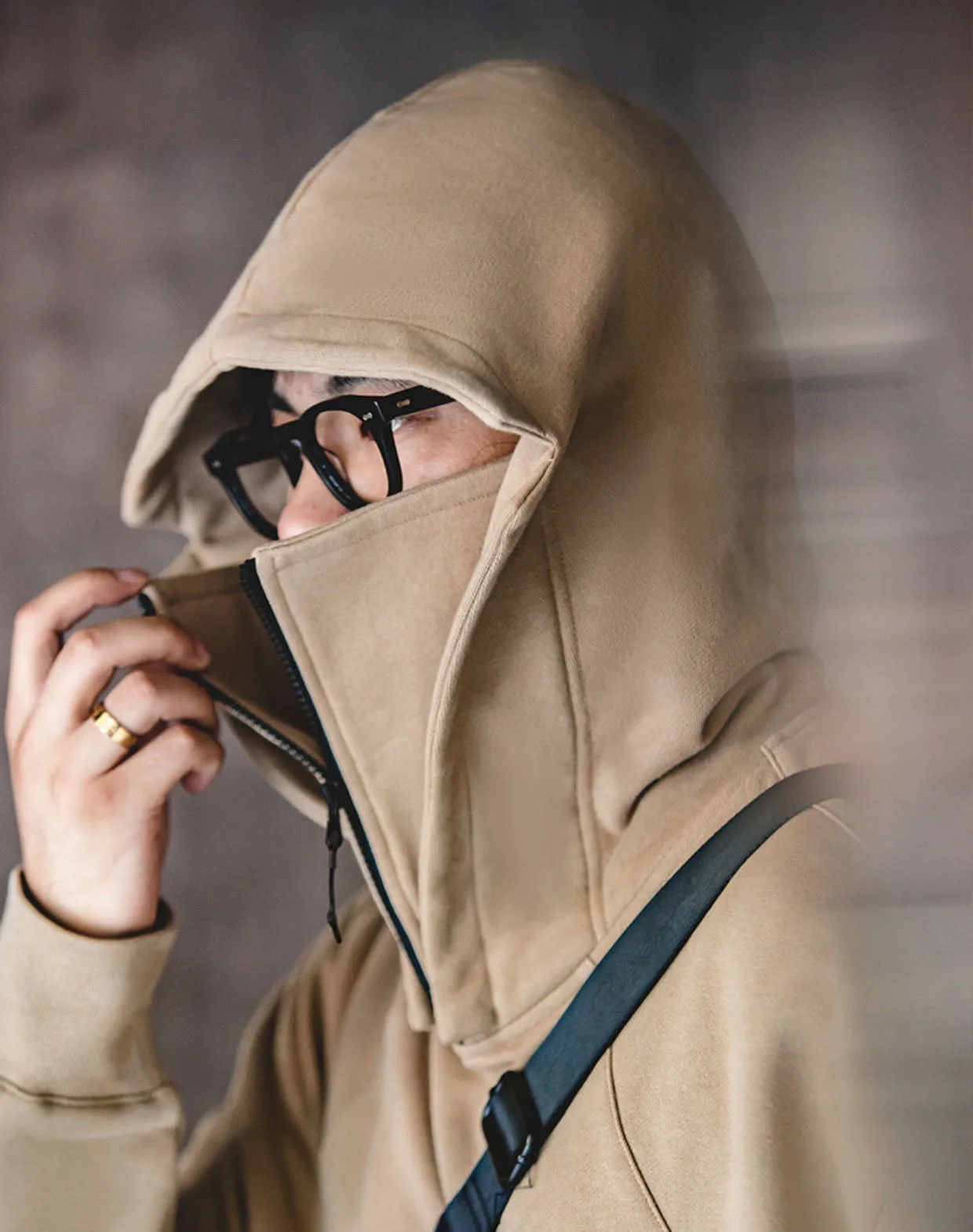 American Heavy High-Neck Zipper Mask Hoodie Functional Men's Sweater