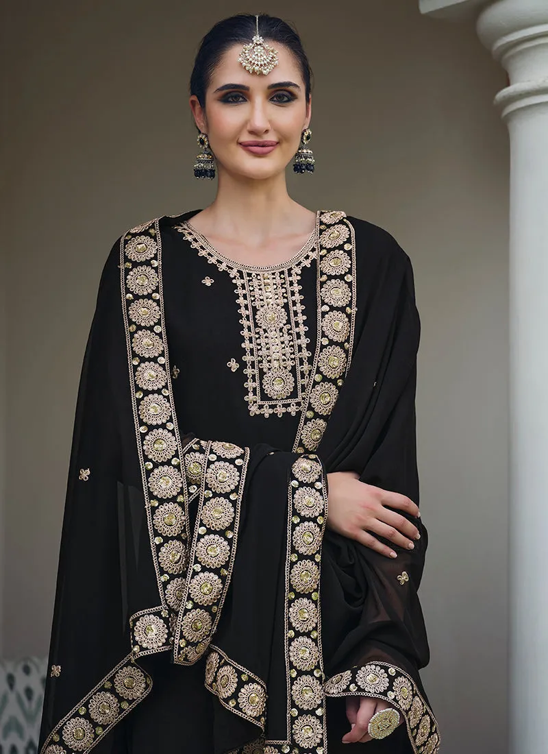 Black Embroidery Georgette Palazzo Suit