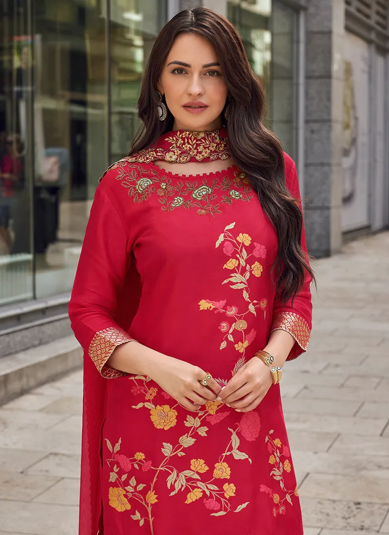 Cherry Red Embroidery Party Wear Gharara Suit