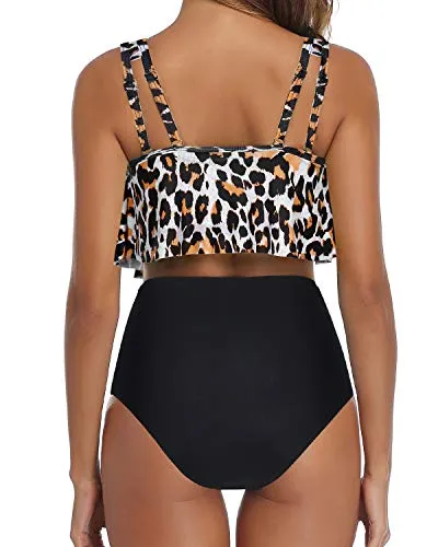 Chic And Stylish Women Ruffled Flounce Bikini Swimsuit-Black And Leopard