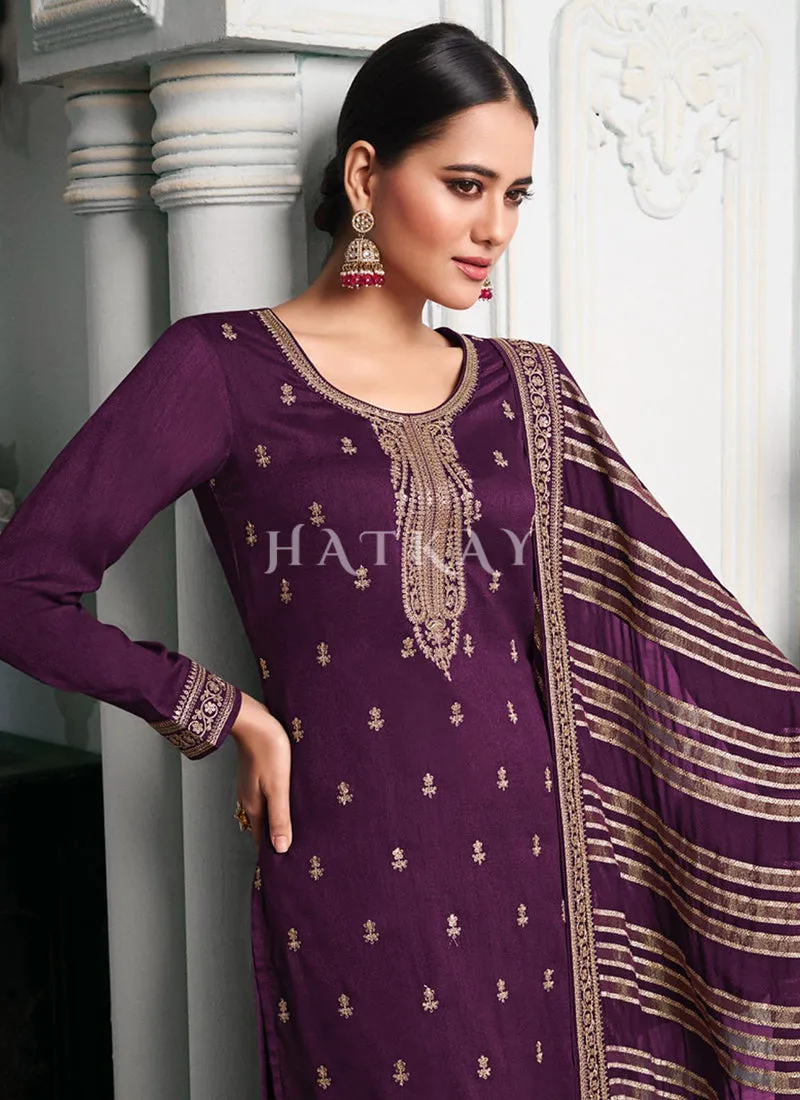 Deep Purple Embroidered Palazzo Style Suit