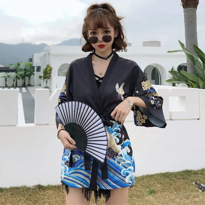 Fashion Crane Blossom Print Cardigan Outerwear