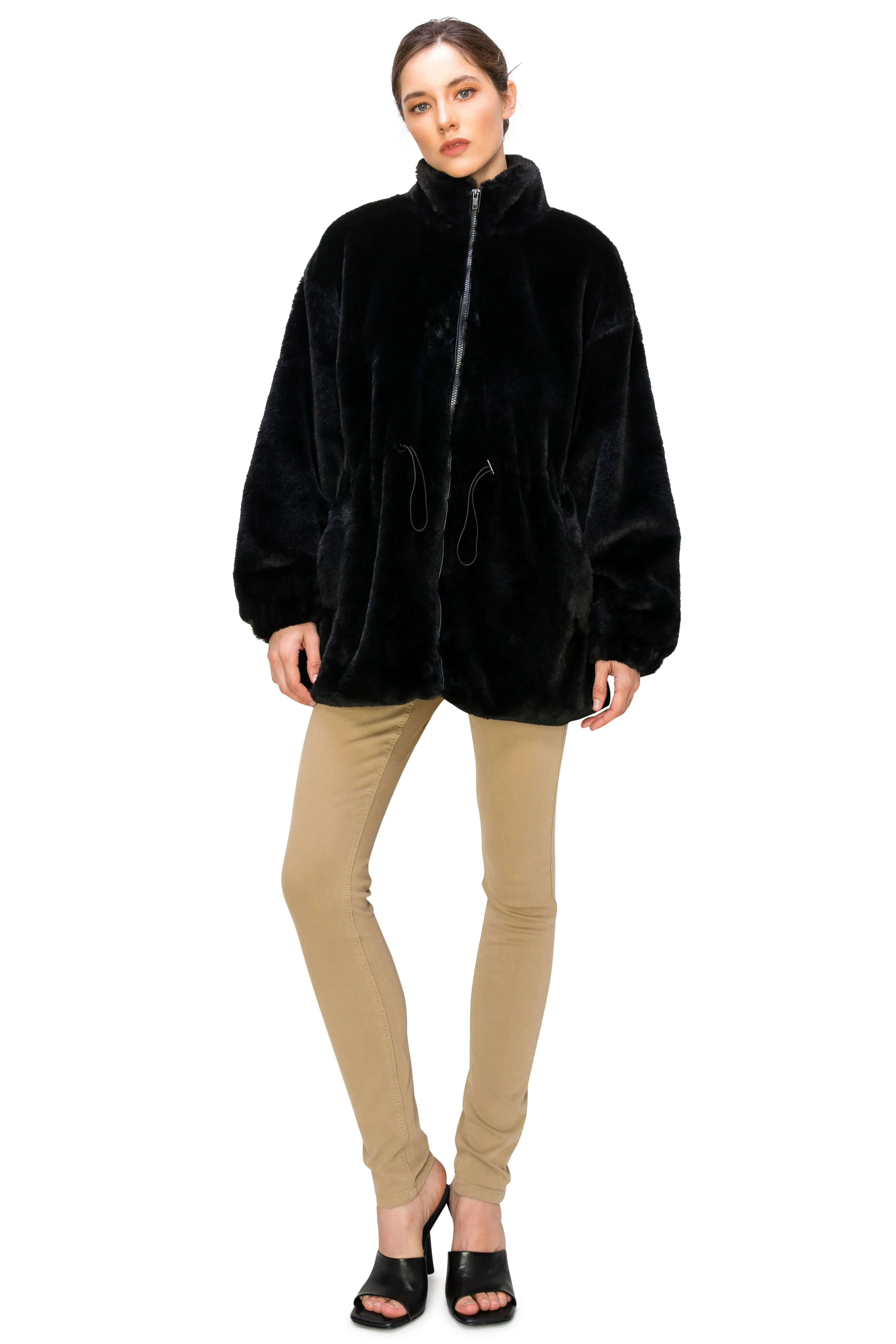 Fluffy Faux Fur Coat with Waist String - Black