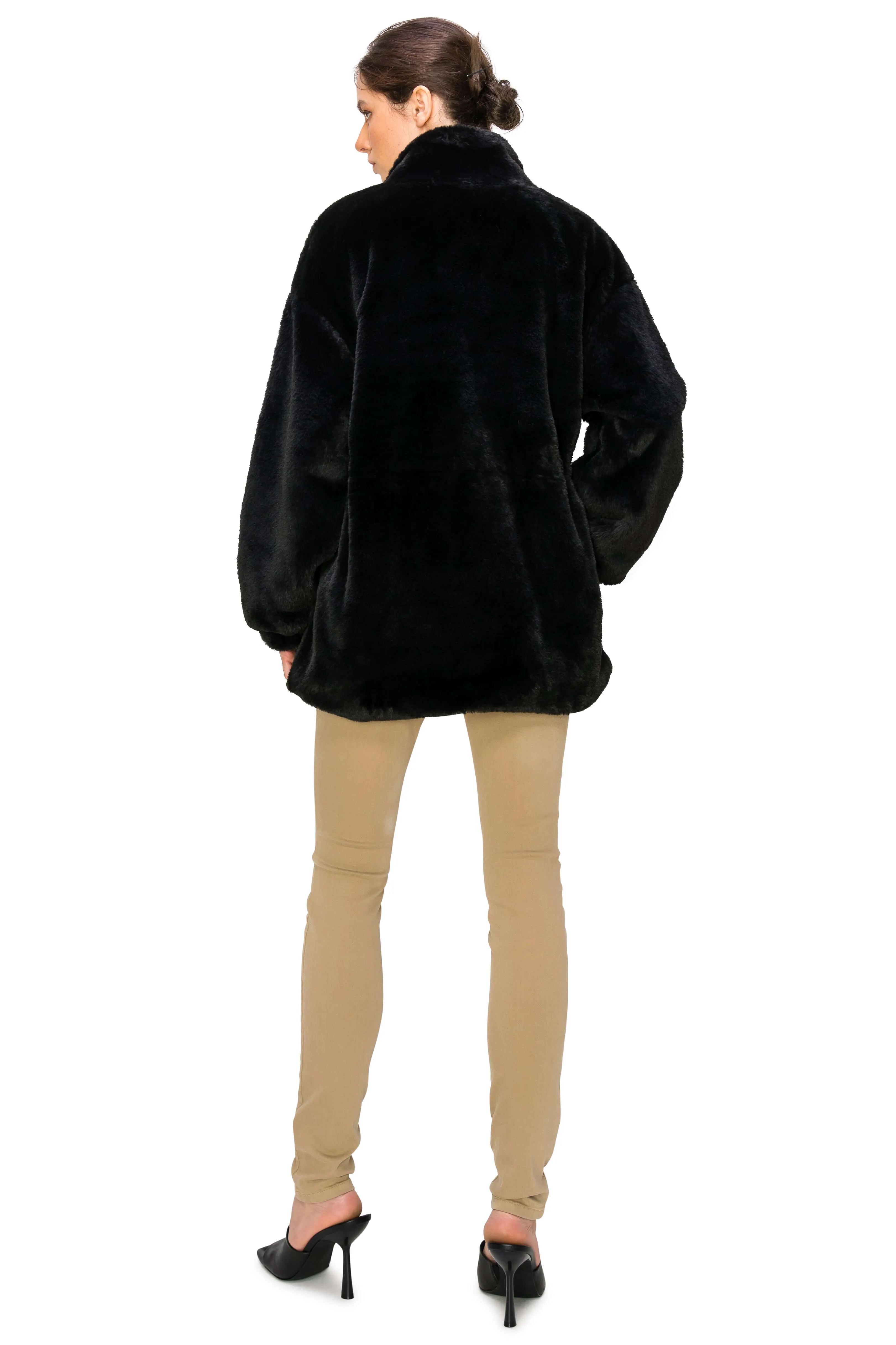 Fluffy Faux Fur Coat with Waist String - Black