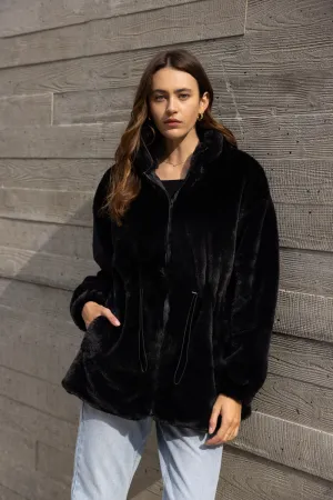 Fluffy Faux Fur Coat with Waist String - Black