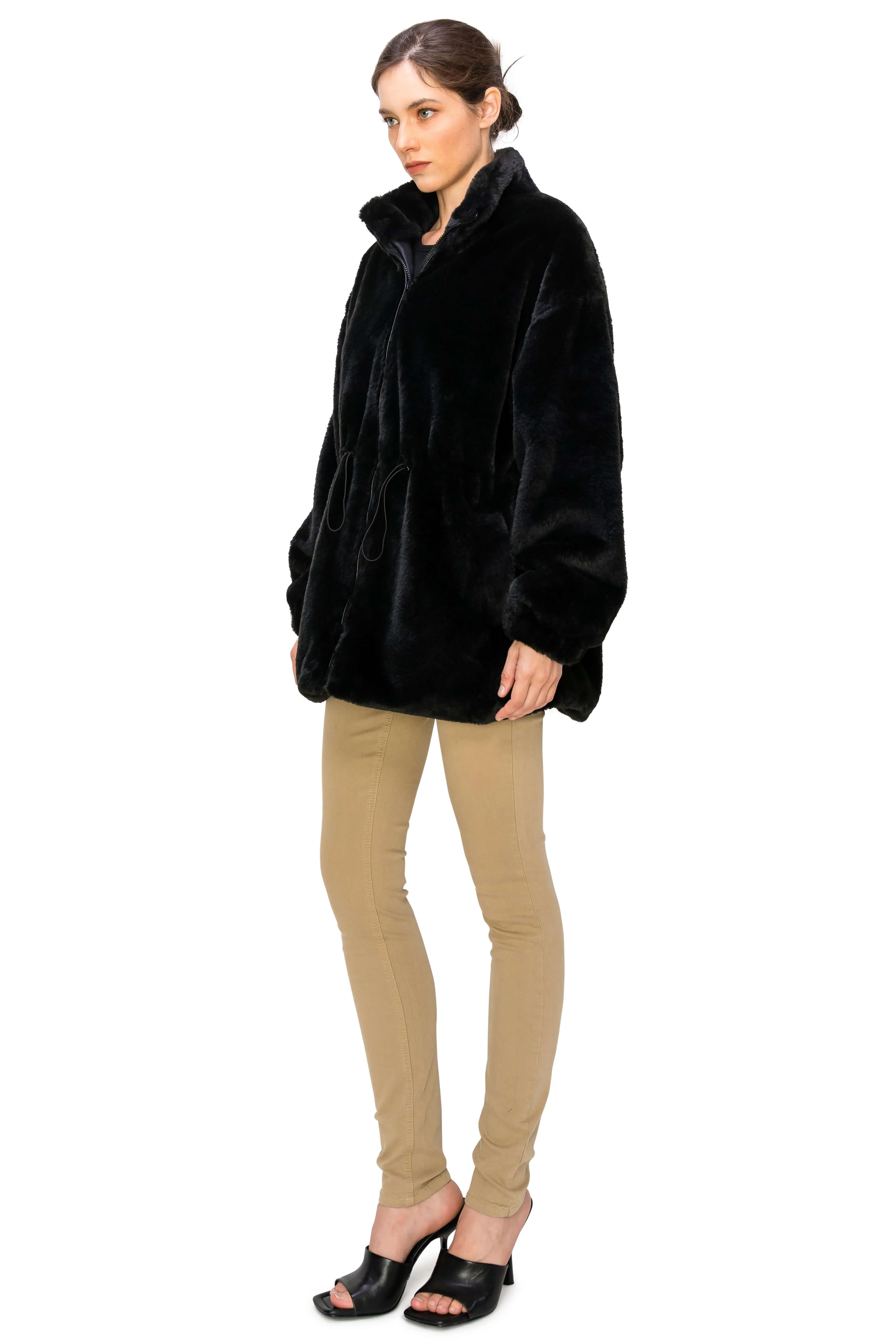 Fluffy Faux Fur Coat with Waist String - Black