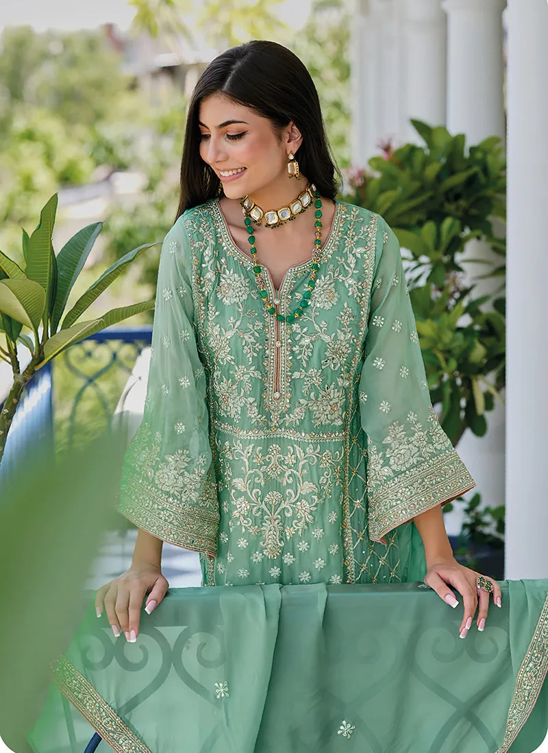 Green Embroidery Traditional Pant Style Suit