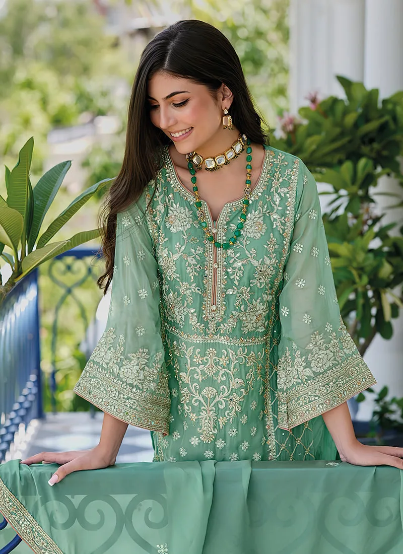 Green Embroidery Traditional Pant Style Suit