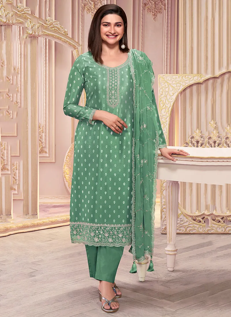 Green Reshamkari Embroidery Silk Salwar Kameez