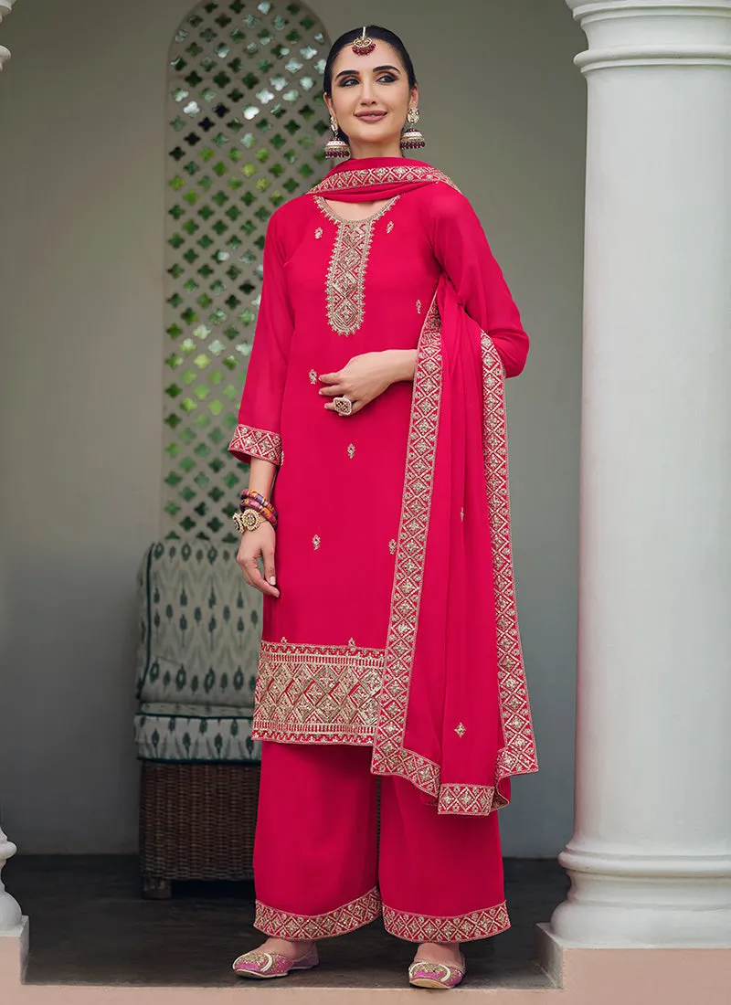 Magenta Embroidery Georgette Palazzo Suit