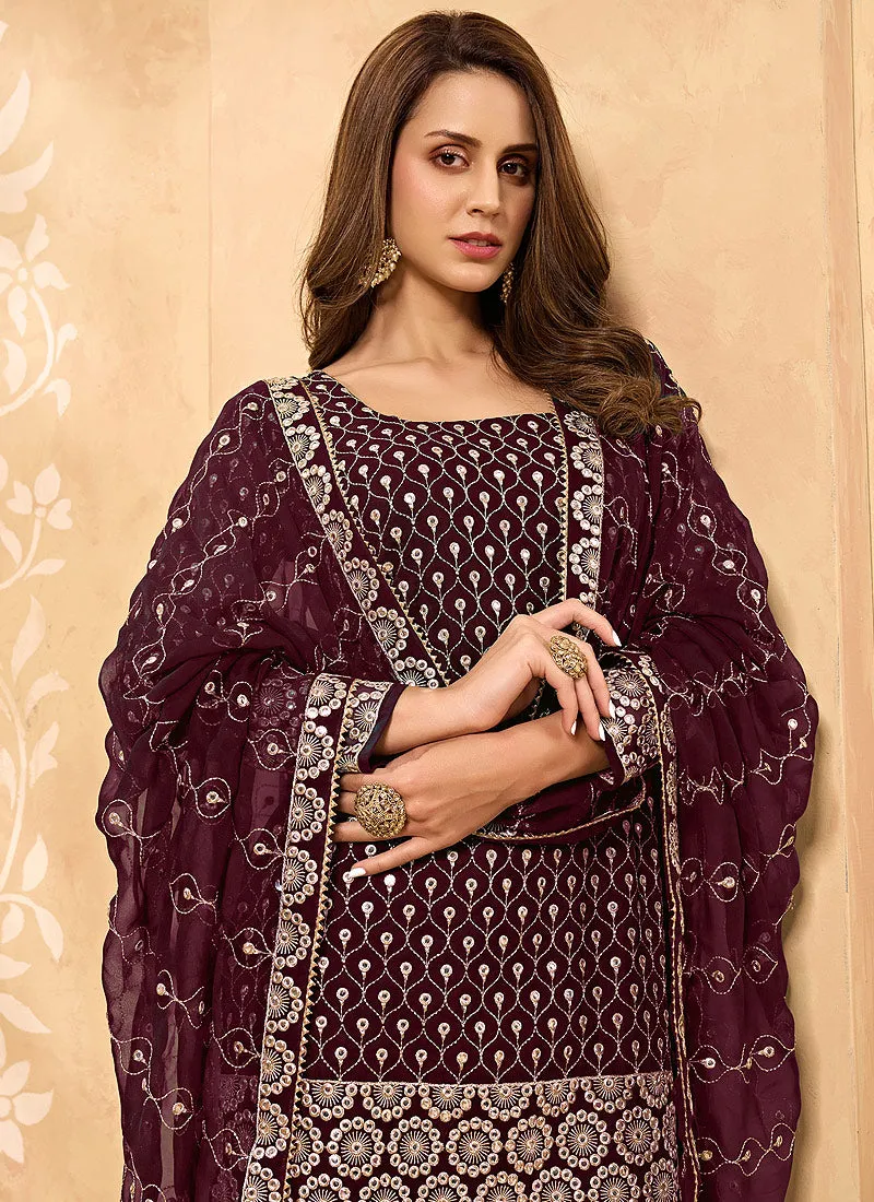 Maroon Mirror Embroidered Georgette Sharara Suit