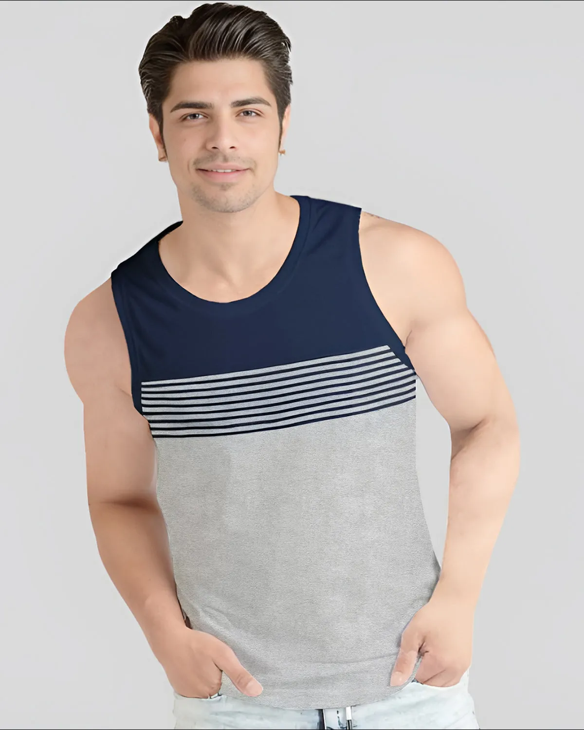 Men Navy White Melange Striped Vest