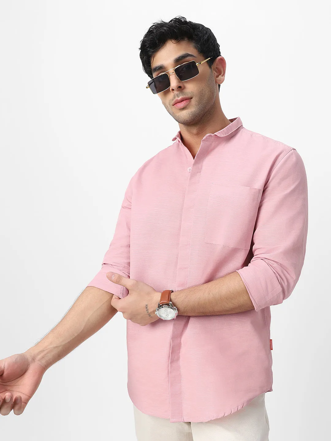 Men's Pink Cotton Full Sleeve Regular Fit Casual Solid Shirt with Band Collar