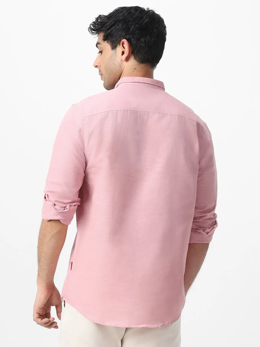 Men's Pink Cotton Full Sleeve Regular Fit Casual Solid Shirt with Band Collar