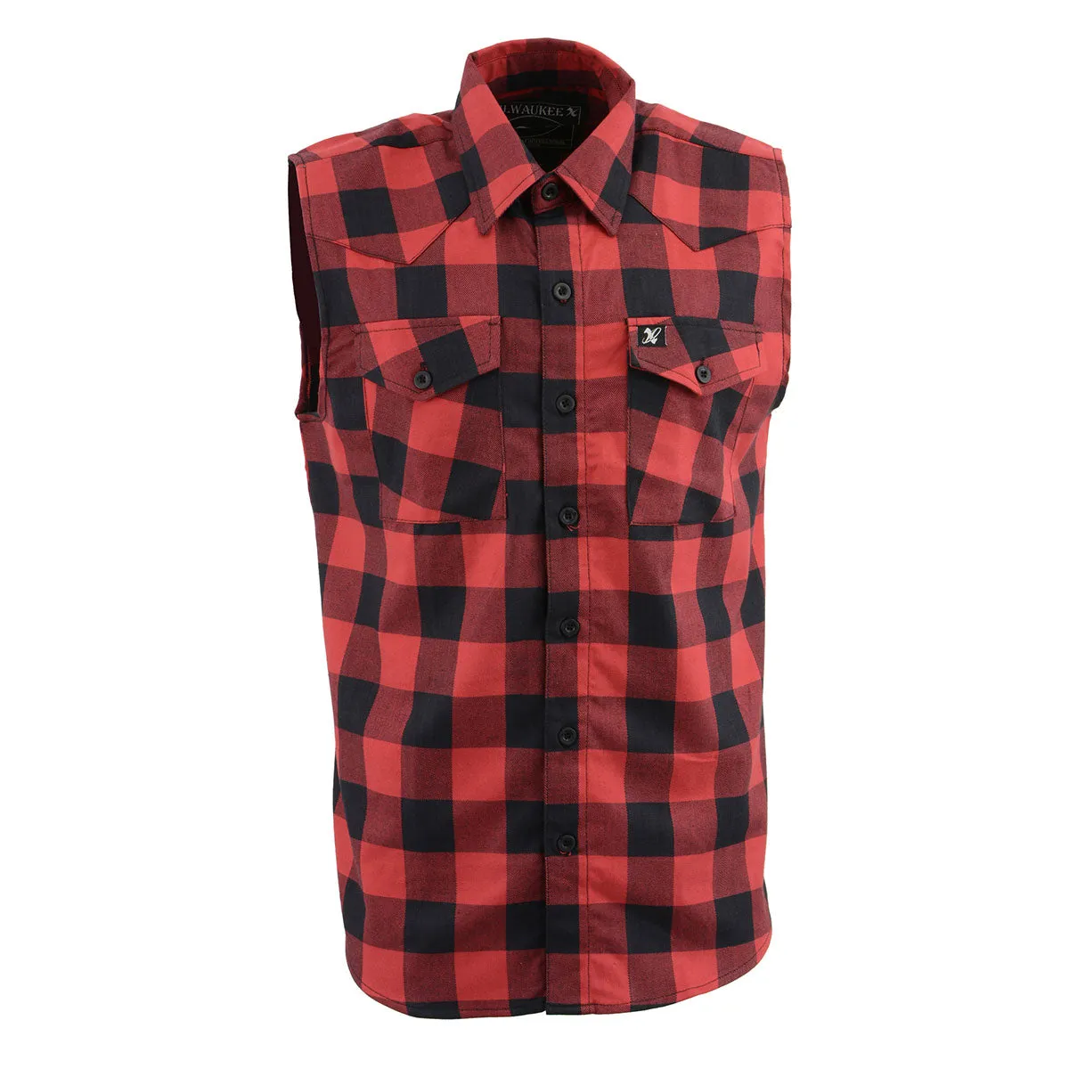 Milwaukee Leather MPM1649 Men's Black and Red 'Checkered' Cut Off Flannel Shirt