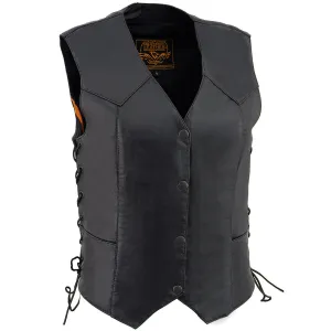 Milwaukee Leather SH1227L Women's Black Leather Side Laces Classic Western Motorcycle Rider Vest W/4-Snaps Closure