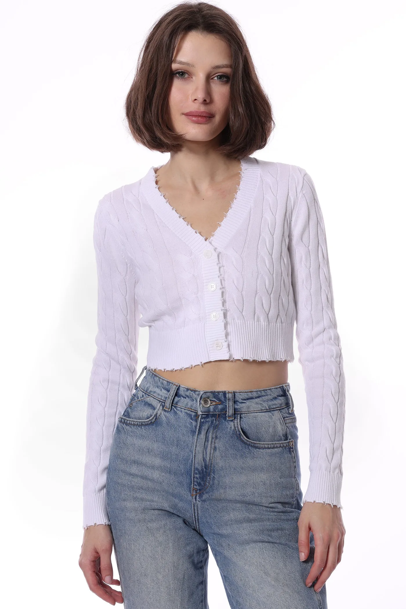 Minnie Rose Cotton Cropped Cable Cardigan