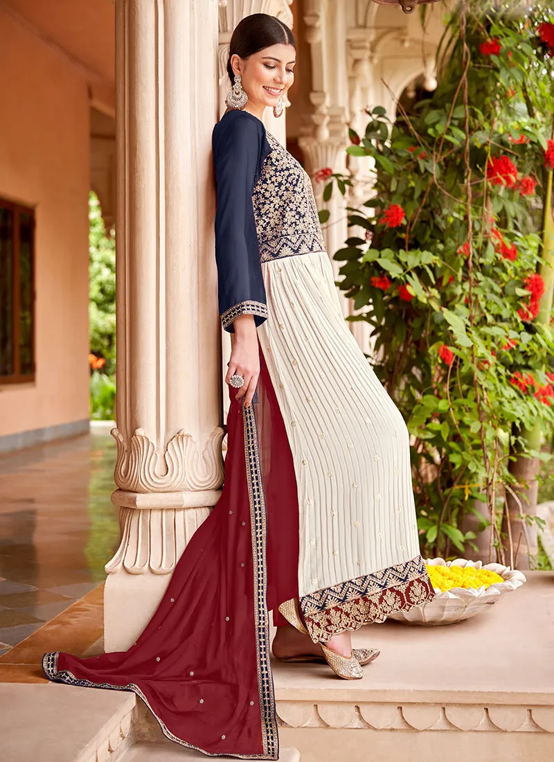 Off White And Blue Embroidery Anarkali Style Palazzo Suit