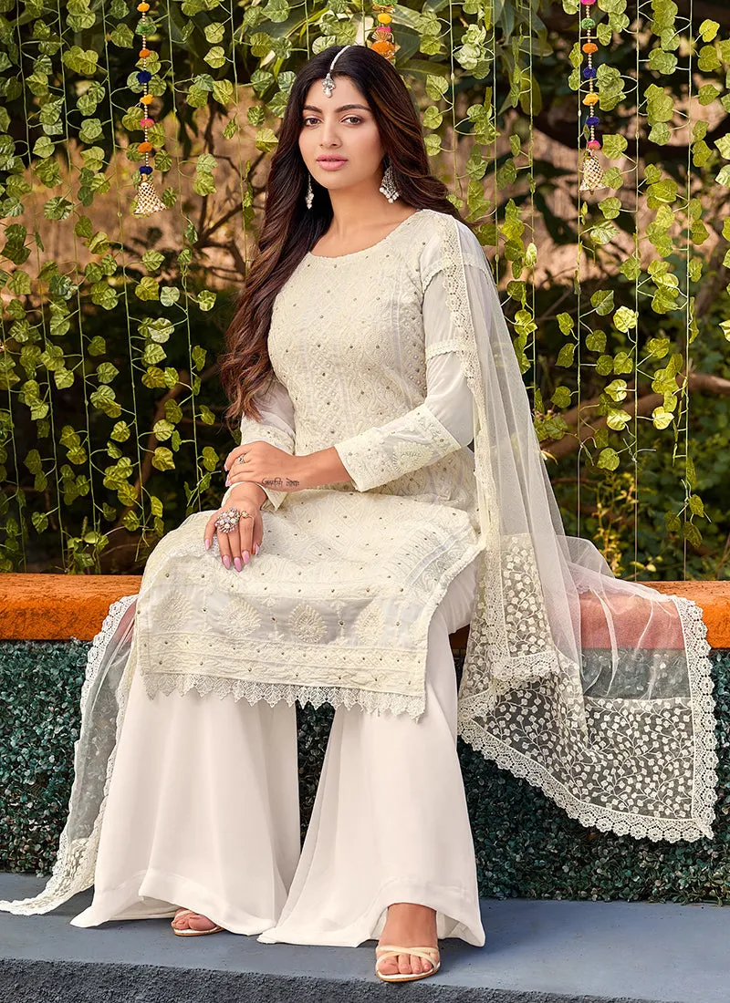 Off White Lucknowi Embroidery Festive Palazzo Suit