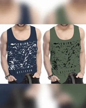 (Pack of 2) Men Printed Vest Dark Blue / Olive Green