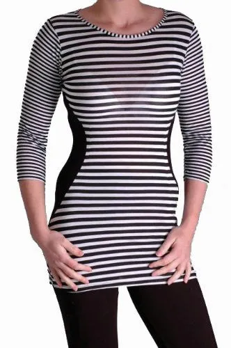 Panelled Striped 3/4 Sleeve Scoop Neck Tops