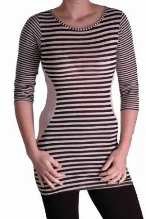 Panelled Striped 3/4 Sleeve Scoop Neck Tops