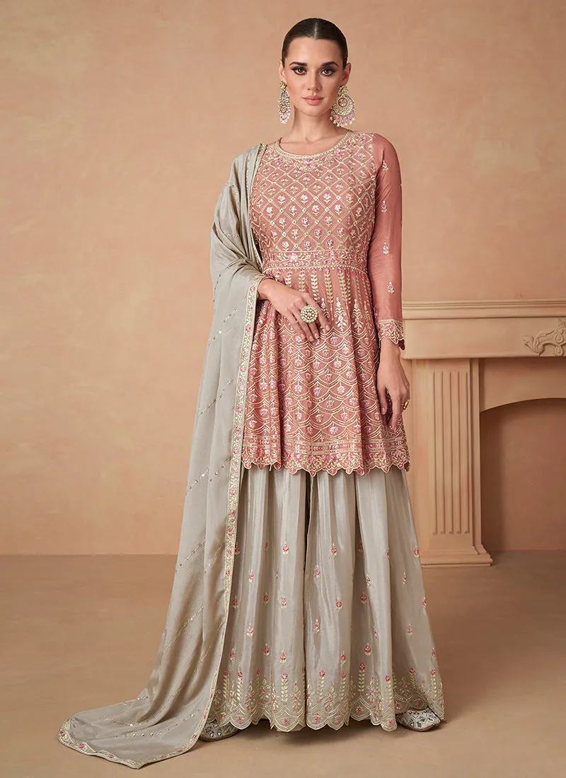 Peach And Beige Sequence Embroidery Wedding Gharara Suit