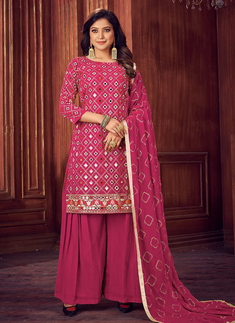 Pink Mirror Embroidered Palazzo Suit