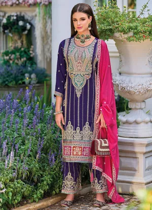 Purple And Pink Multi Embroidery Pakistani Pant Style Suit