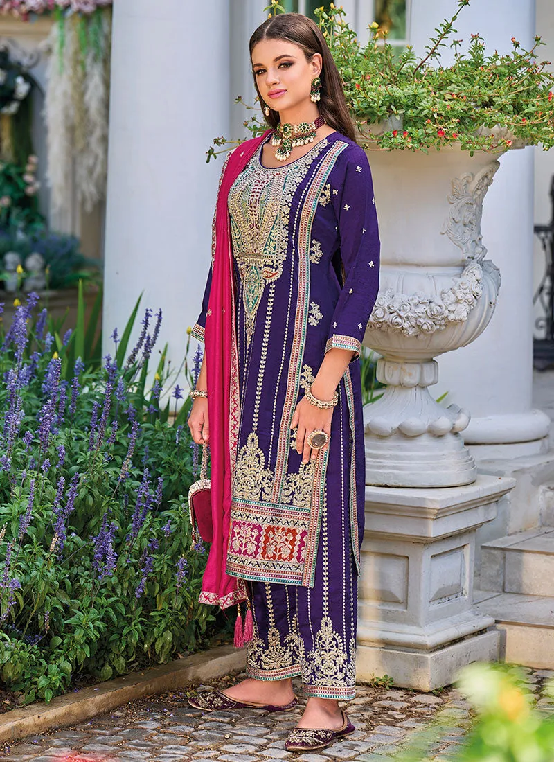 Purple And Pink Multi Embroidery Pakistani Pant Style Suit