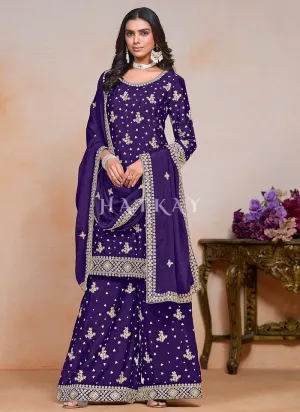 Purple Embroidered Palazzo Style Suit