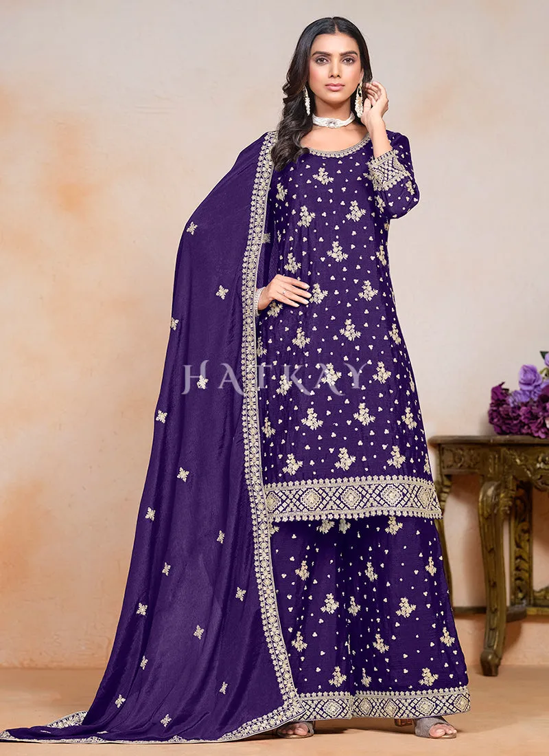 Purple Embroidered Palazzo Style Suit