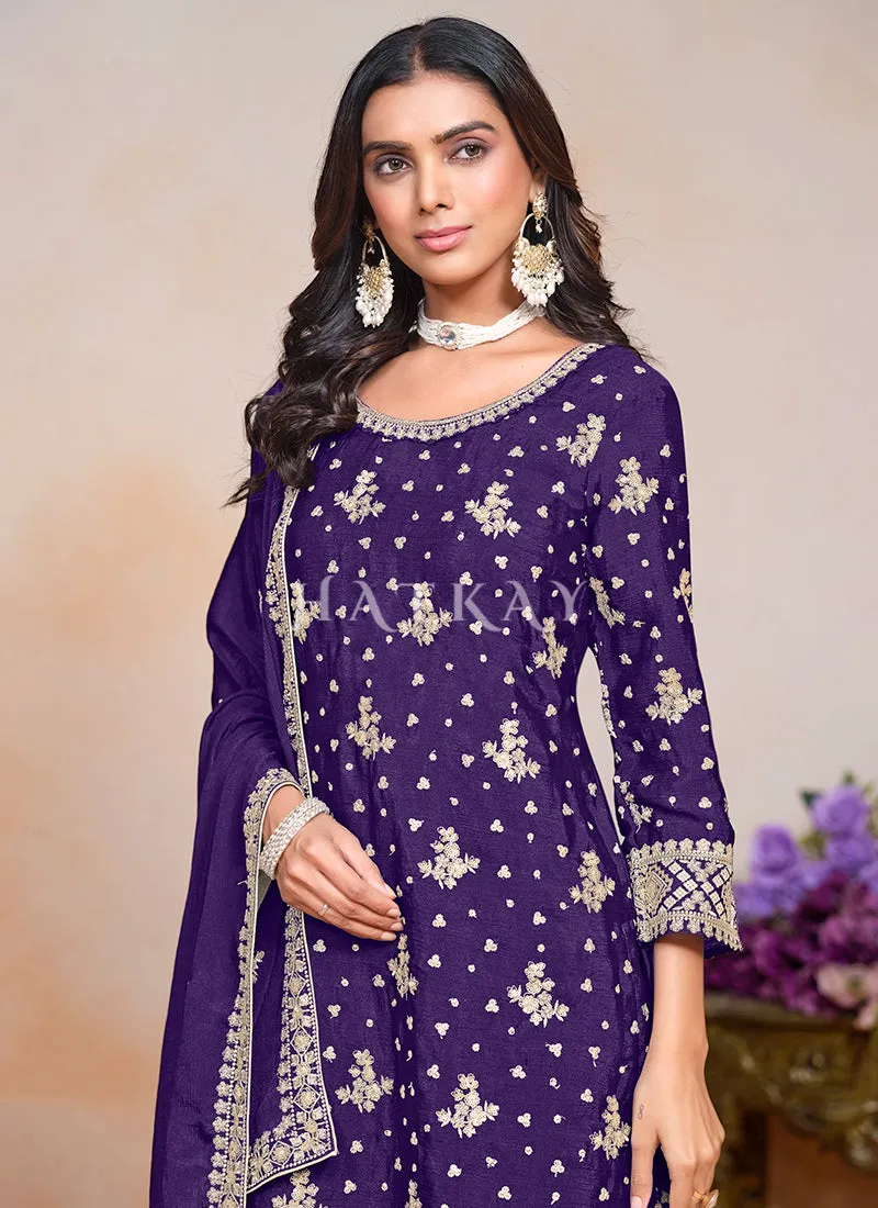 Purple Embroidered Palazzo Style Suit