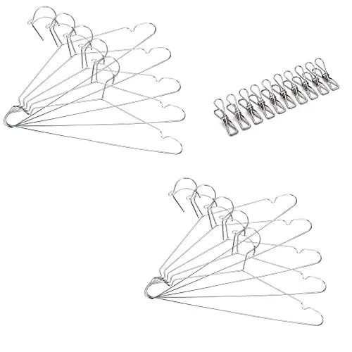 qinglele Hangers Stainless Steel, Strong Metal Wire Hangers,Unique Windproof Design Automatic Locking,10 Pcs 15.7 Inch, 10 Clips