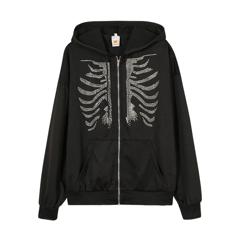 Rhinestone Skeleton Hoodies Women Gothic Black Zip Up Oversized Sweatshirts Y2K Female Retro Harajuku Hooded Jacket Streetwear