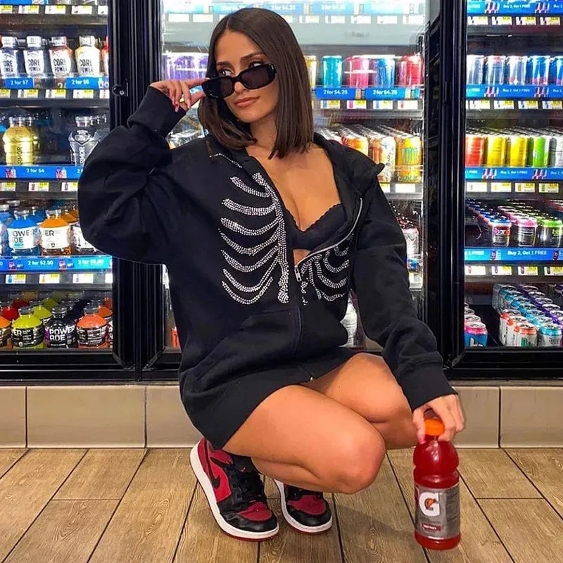 Rhinestone Skeleton Hoodies Women Gothic Black Zip Up Oversized Sweatshirts Y2K Female Retro Harajuku Hooded Jacket Streetwear