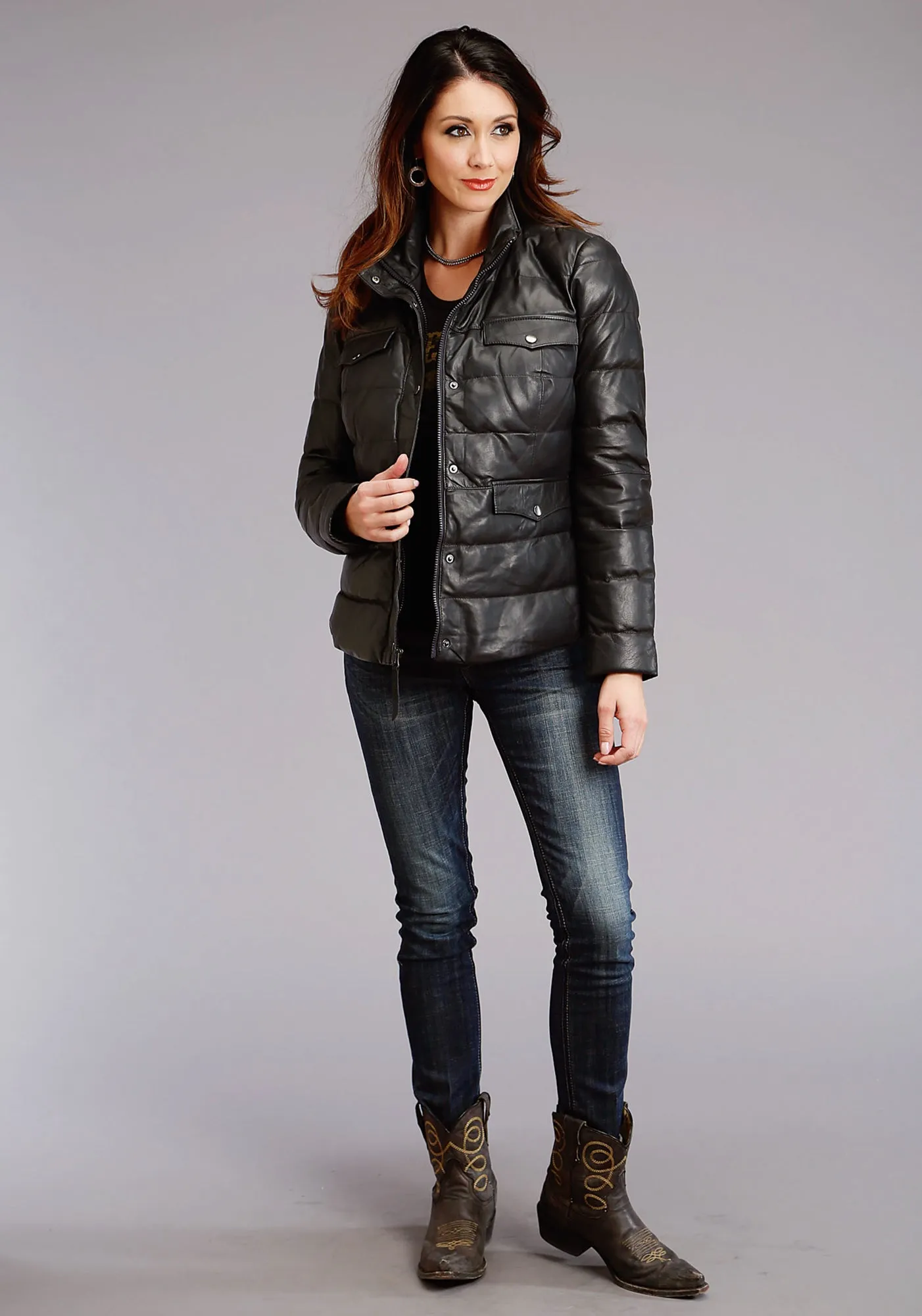 Stetson Womens Navy Lamb Leather Puffy Quilted Jacket