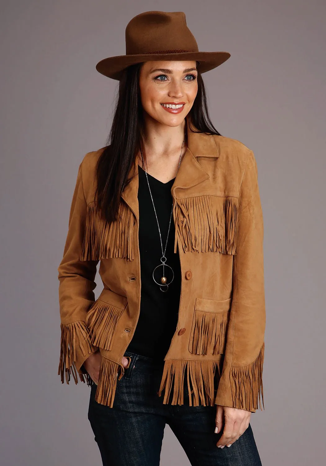 Stetson Womens Tan Leather Thick Suede Fringe Jacket