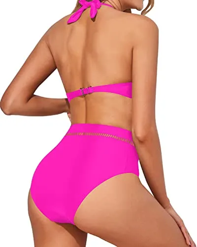 Stylish High Waisted Deep V Neck Two Piece Swimsuits For Summer-Neon Pink