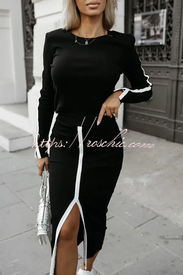 Stylish Paneled Long Sleeve Crew Neck Top and Elastic Waist Slit Midi Skirt Set