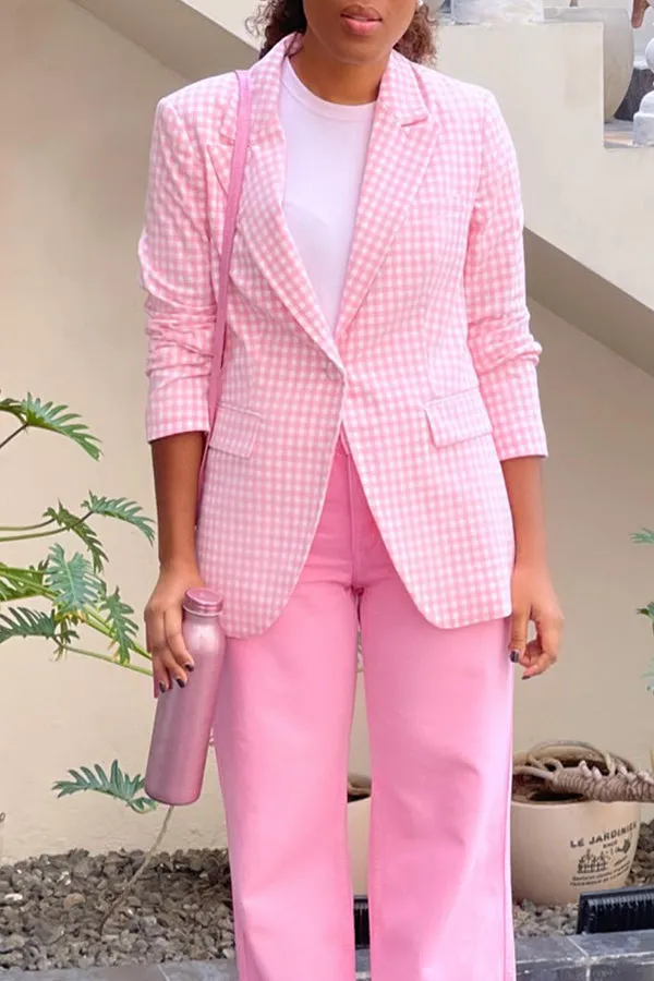 Stylish Peak Collar Plaid Blazer Set