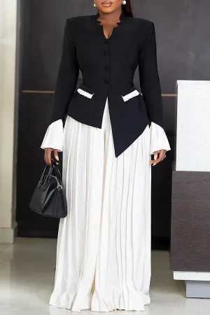 Stylish Trumpet Sleeve Blazer & Pleated Pants Set