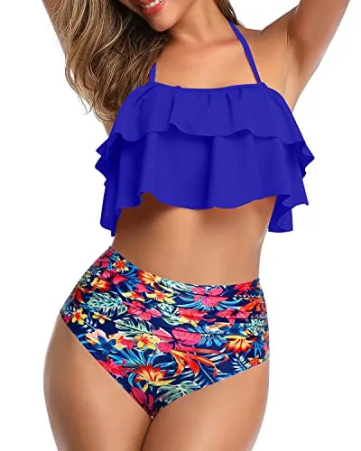 Stylish Two Piece High Waisted Bikini-Royal Blue Floral