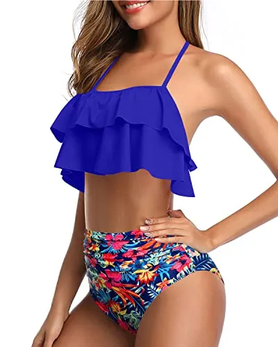 Stylish Two Piece High Waisted Bikini-Royal Blue Floral