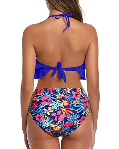 Stylish Two Piece High Waisted Bikini-Royal Blue Floral