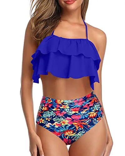 Stylish Two Piece High Waisted Bikini-Royal Blue Floral