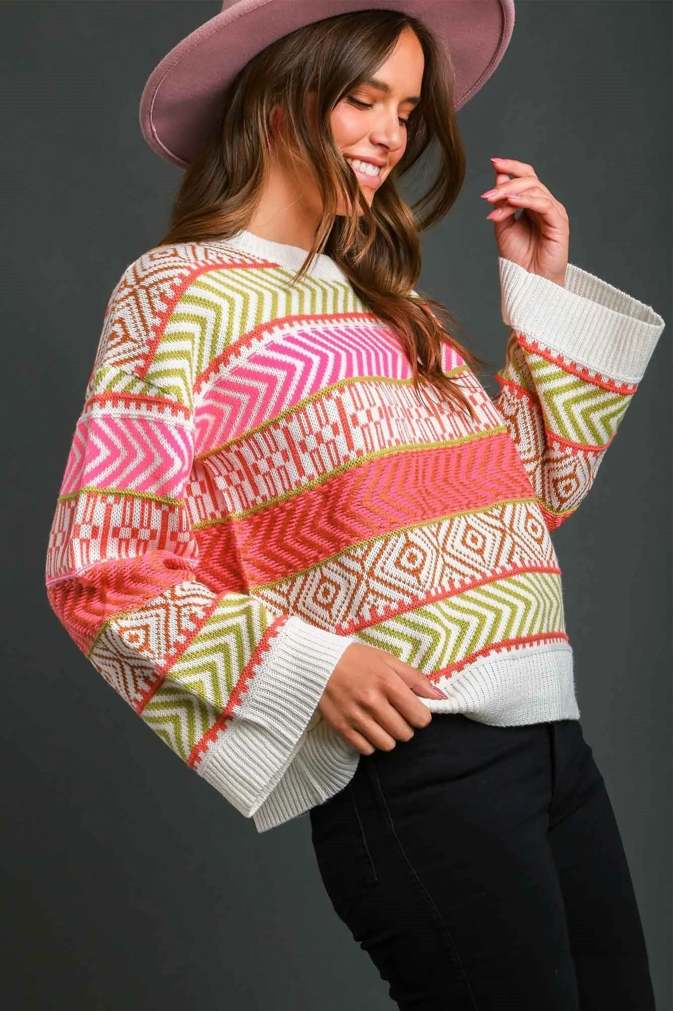 Umgee Aztec Print Pullover Sweater in Hot Pink