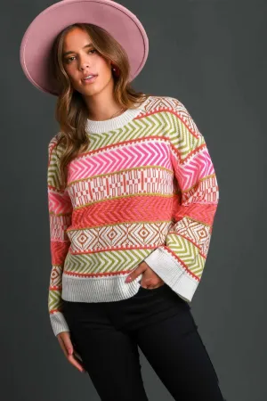 Umgee Aztec Print Pullover Sweater in Hot Pink