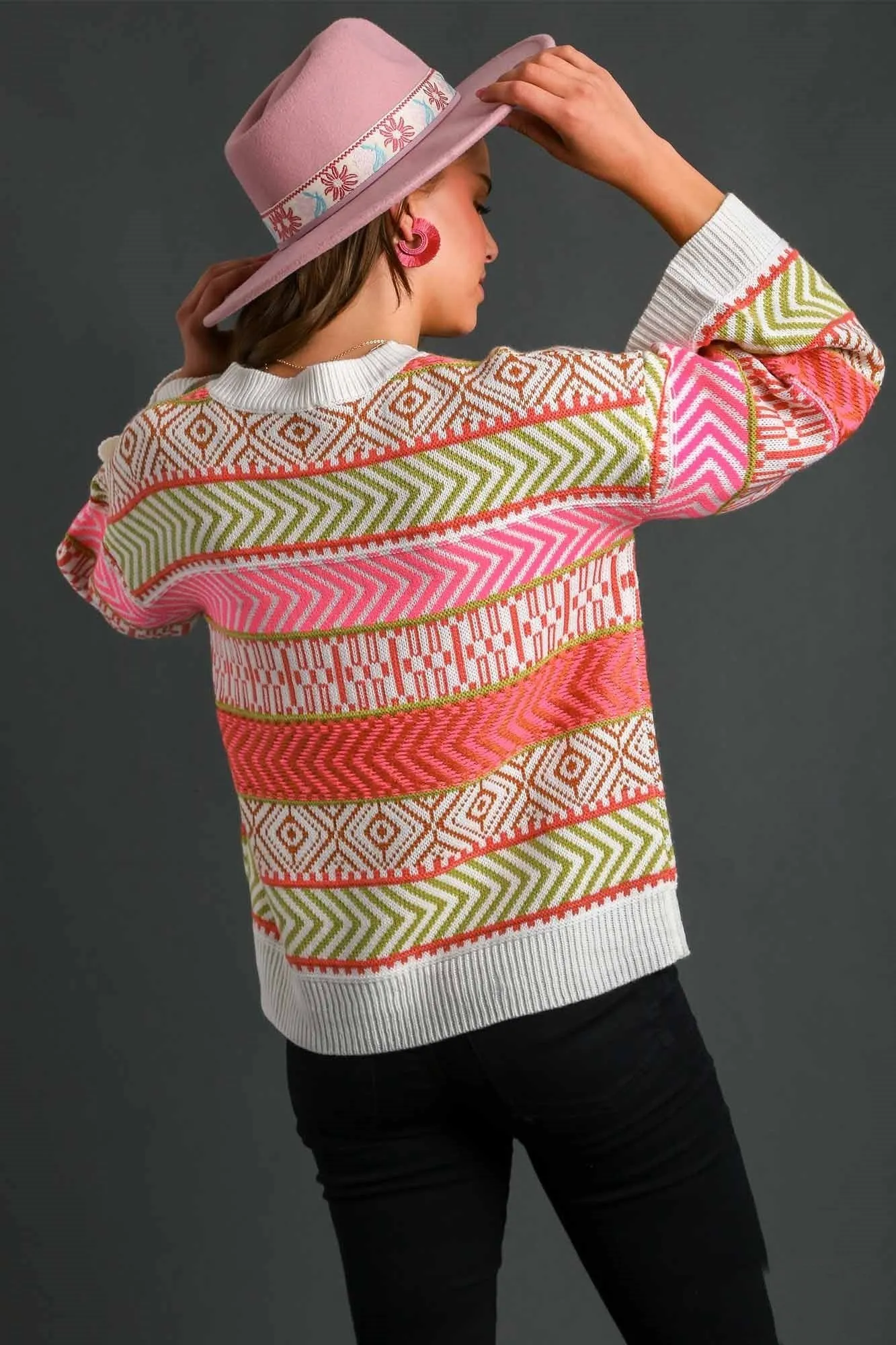 Umgee Aztec Print Pullover Sweater in Hot Pink